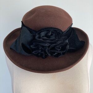 Vintage Wool Fedora Hat Flower Ribbon Brown Fall Winter